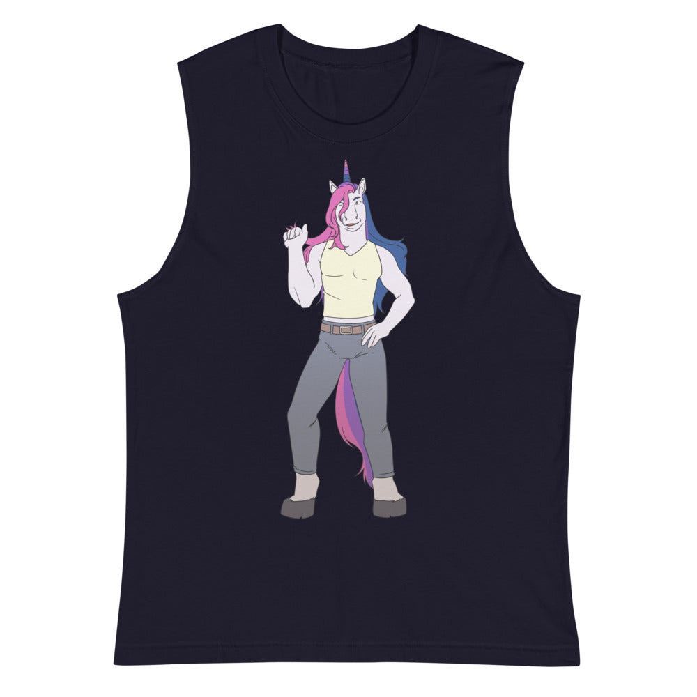 unicorn bi: Black unisex Bisexual Unicorn Muscle Top with a bold cartoon unicorn
