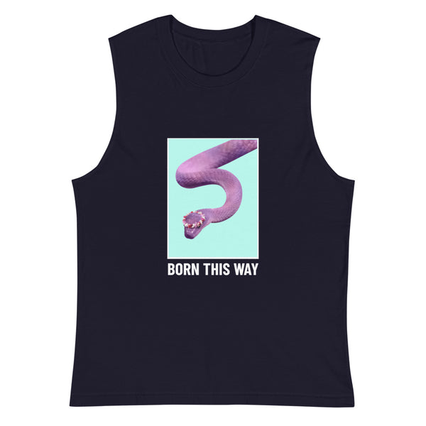 Navy Born This Way Muscle Top by Queer In The World Originals sold by Queer In The World: The Shop - LGBT Merch Fashion