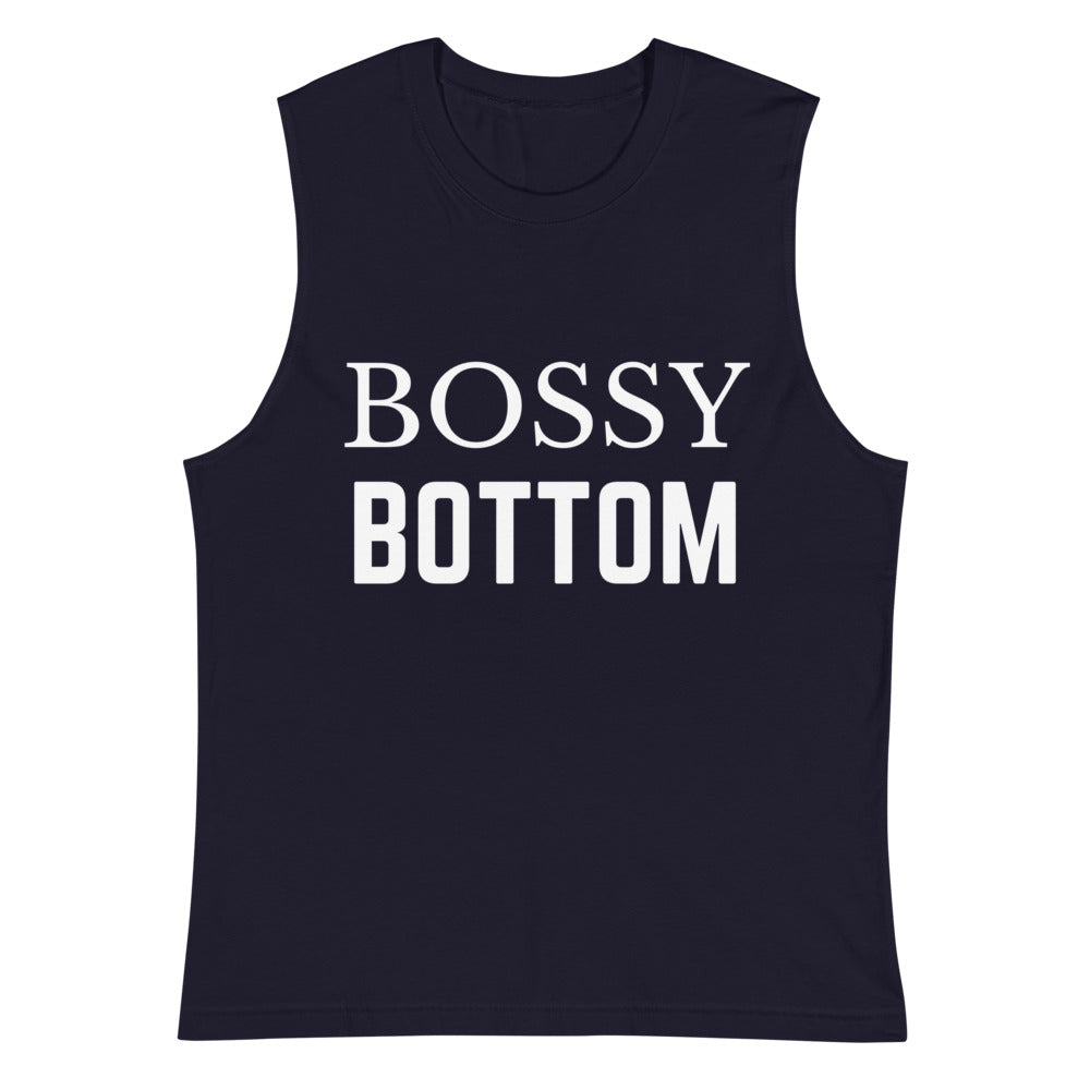 Front view of a dark navy sleeveless muscle tank reading “BOSSY BOTTOM.”