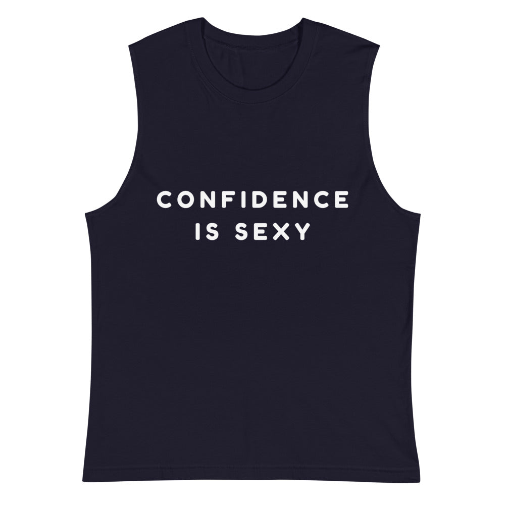 Navy sleeveless muscle tank with white “CONFIDENCE IS SEXY” text