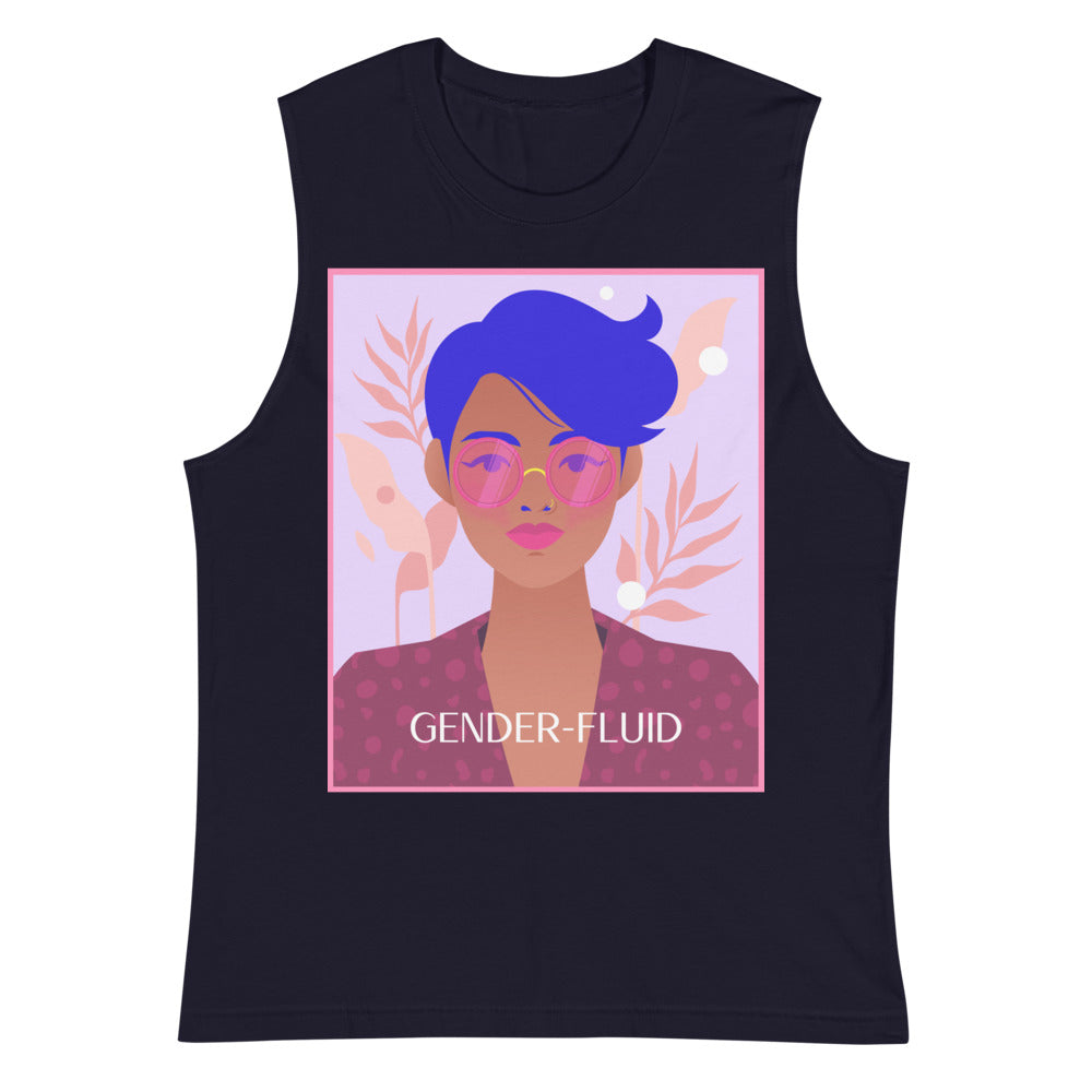 gender fluid clothing: Gender-Fluid Muscle Top with an illustrated gender-fluid portrait and "GENDER-FLUID" text