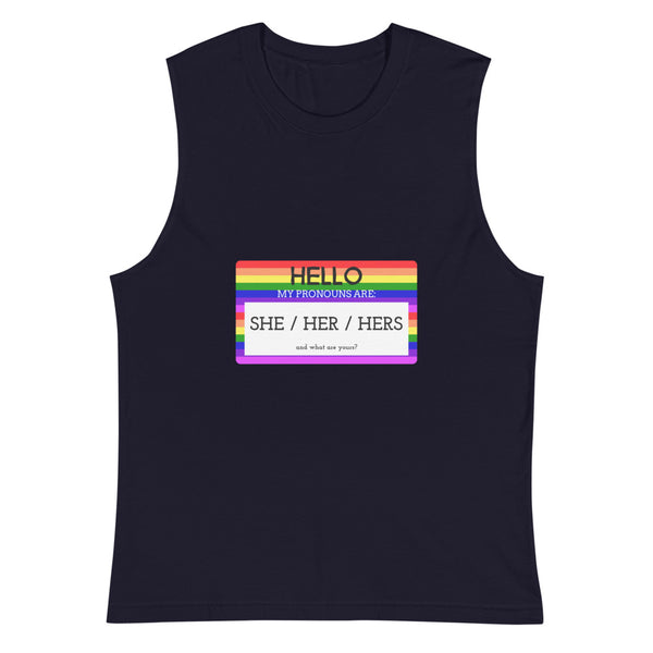 Navy Hello My Pronouns Are She / Her / Hers Muscle Top by Queer In The World Originals sold by Queer In The World: The Shop - LGBT Merch Fashion