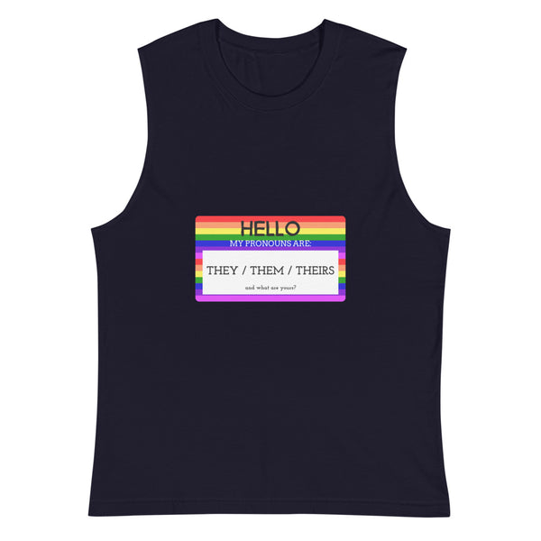 Navy Hello My Pronouns Are They / Them / Theirs Muscle Top by Queer In The World Originals sold by Queer In The World: The Shop - LGBT Merch Fashion