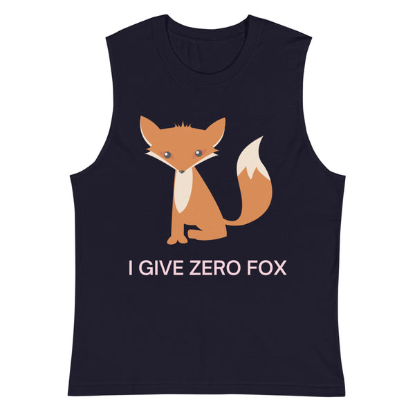 Navy sleeveless muscle top with an orange fox and “I GIVE ZERO FOX” text