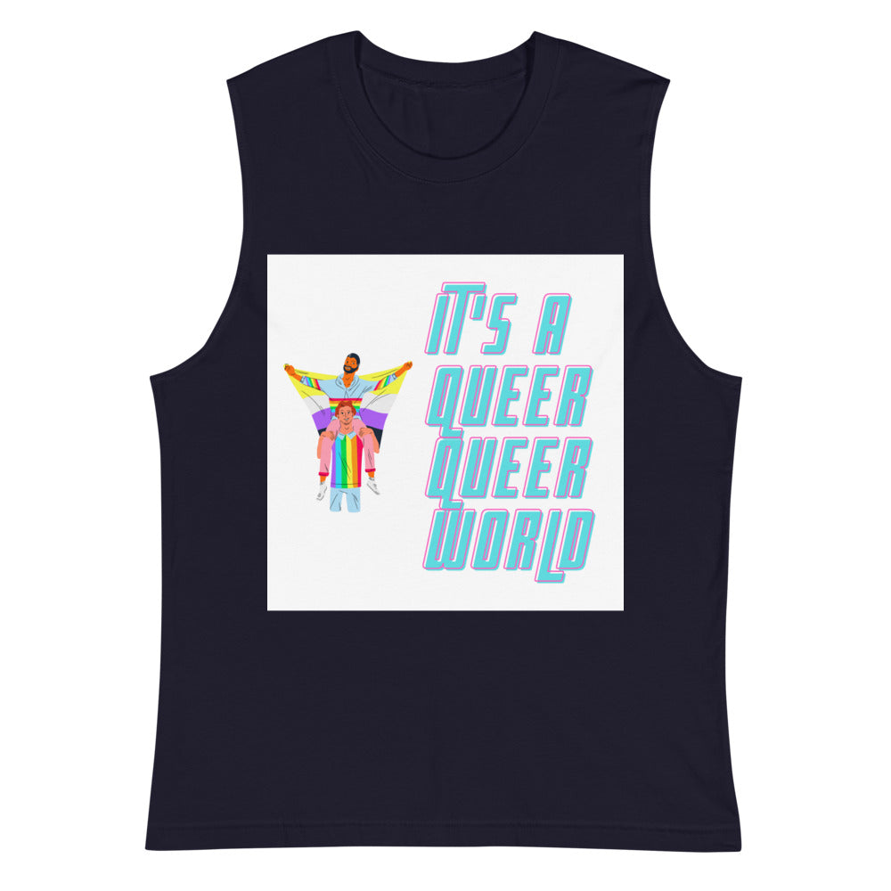 Navy muscle tank top reading “IT'S A QUEER QUEER WORLD,” with a colorful illustration