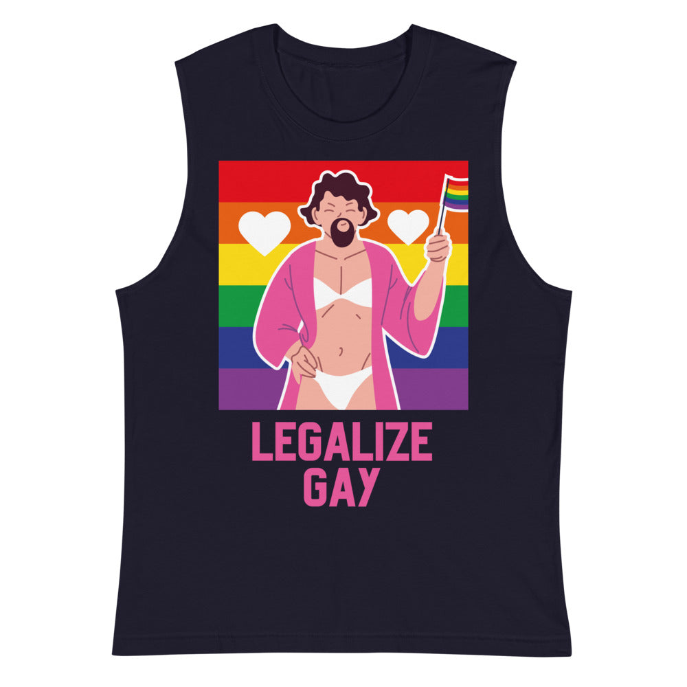 Navy sleeveless tank top with a Pride illustration and pink “LEGALIZE GAY” text