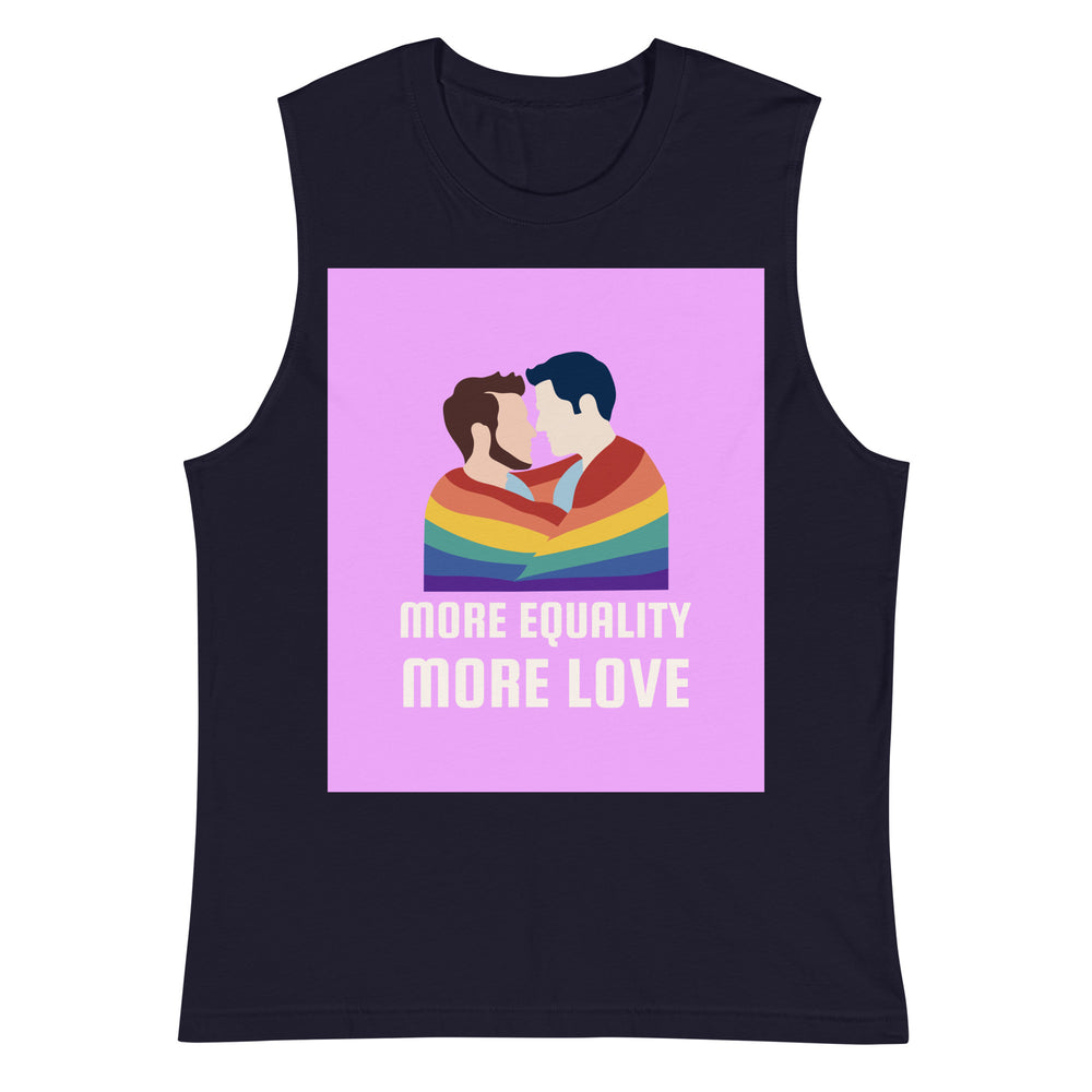 Front-facing navy muscle tank with two men embracing over rainbow stripes and “MORE EQUALITY MORE LOVE” text