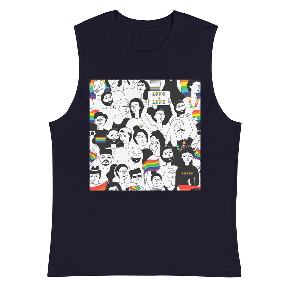 fashion gays: Navy unisex LGBT Pride muscle tank with vibrant cartoon faces and rainbow flags