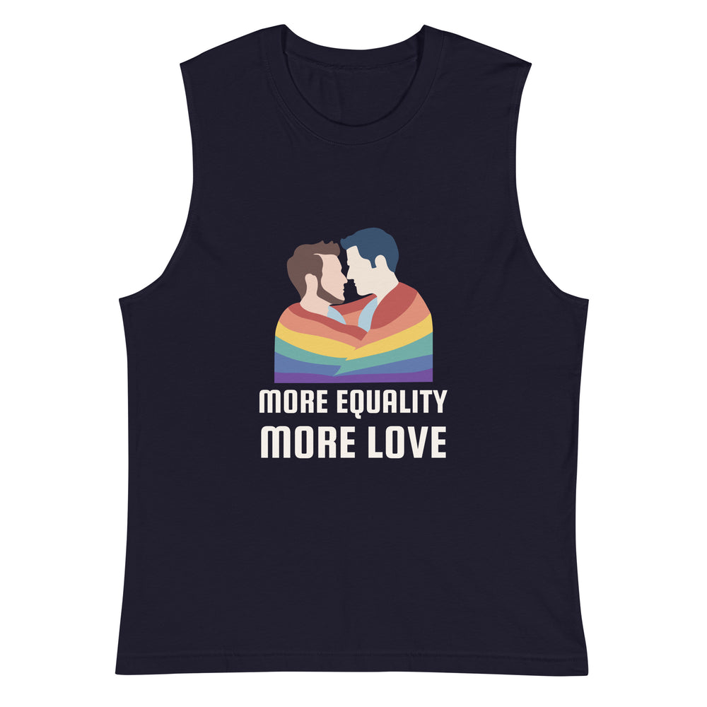 Flat-lay navy muscle tank top with two men kissing above a rainbow and “MORE EQUALITY MORE LOVE”