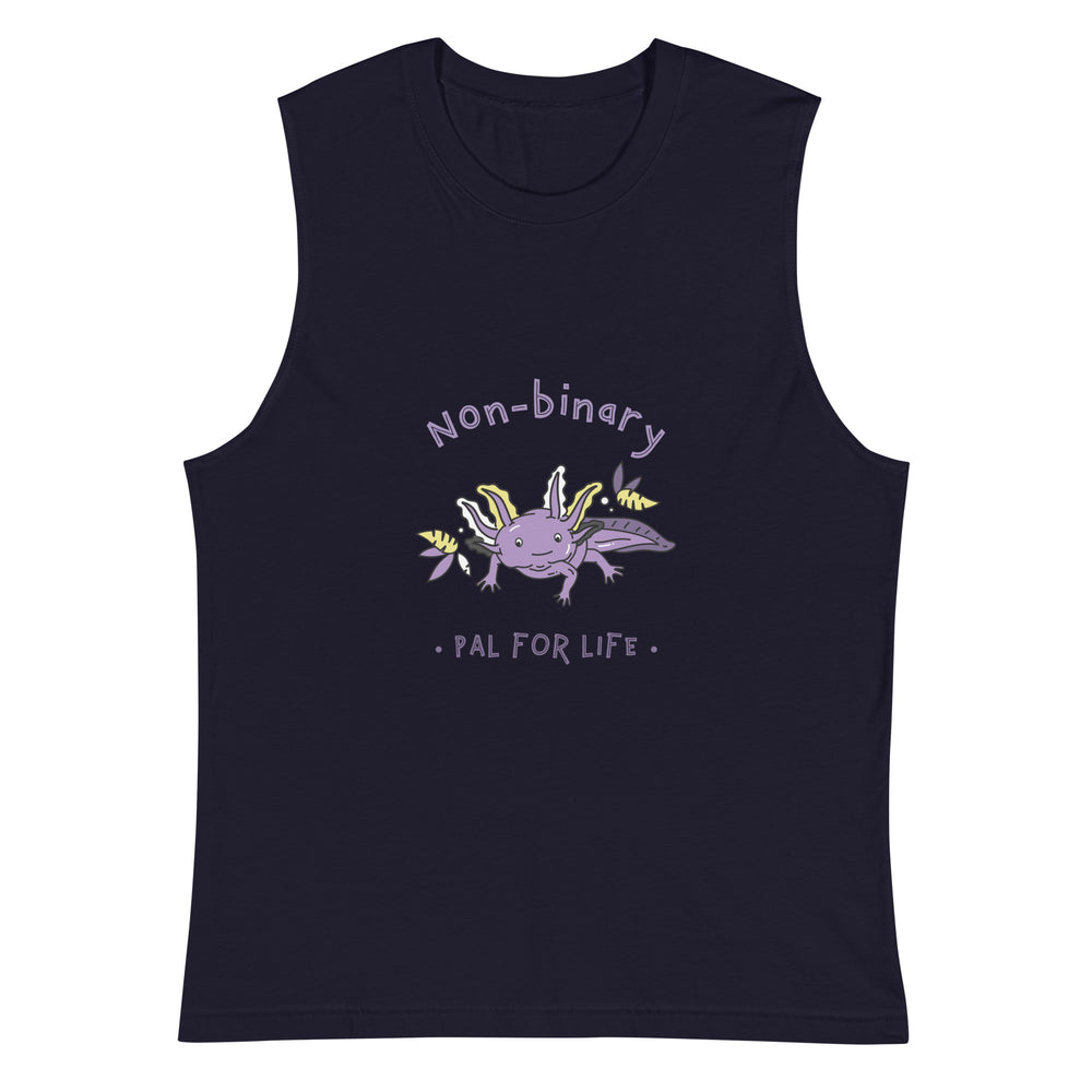 Front-facing dark navy muscle tank with “Non-binary” and “Pal for Life” text around a purple axolotl
