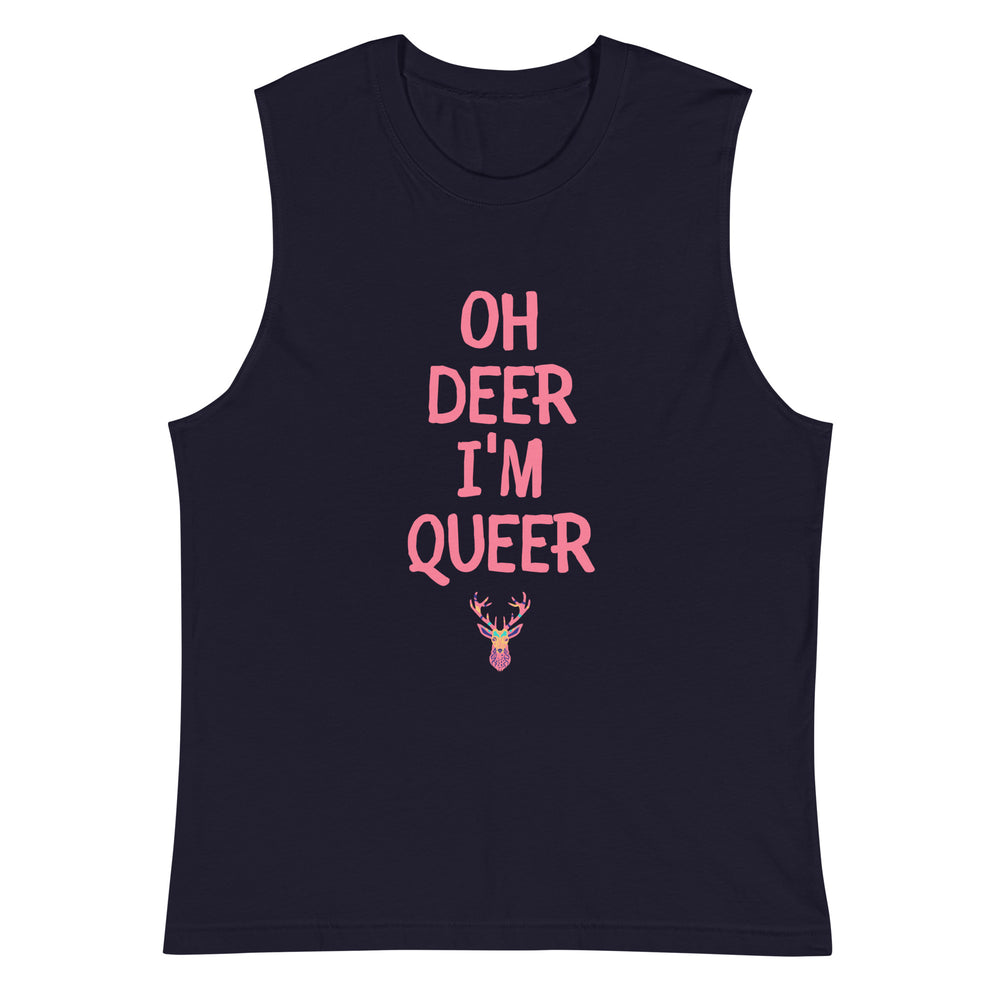 Front-facing navy muscle tank top with pink “OH DEER I'M QUEER” text and deer graphic