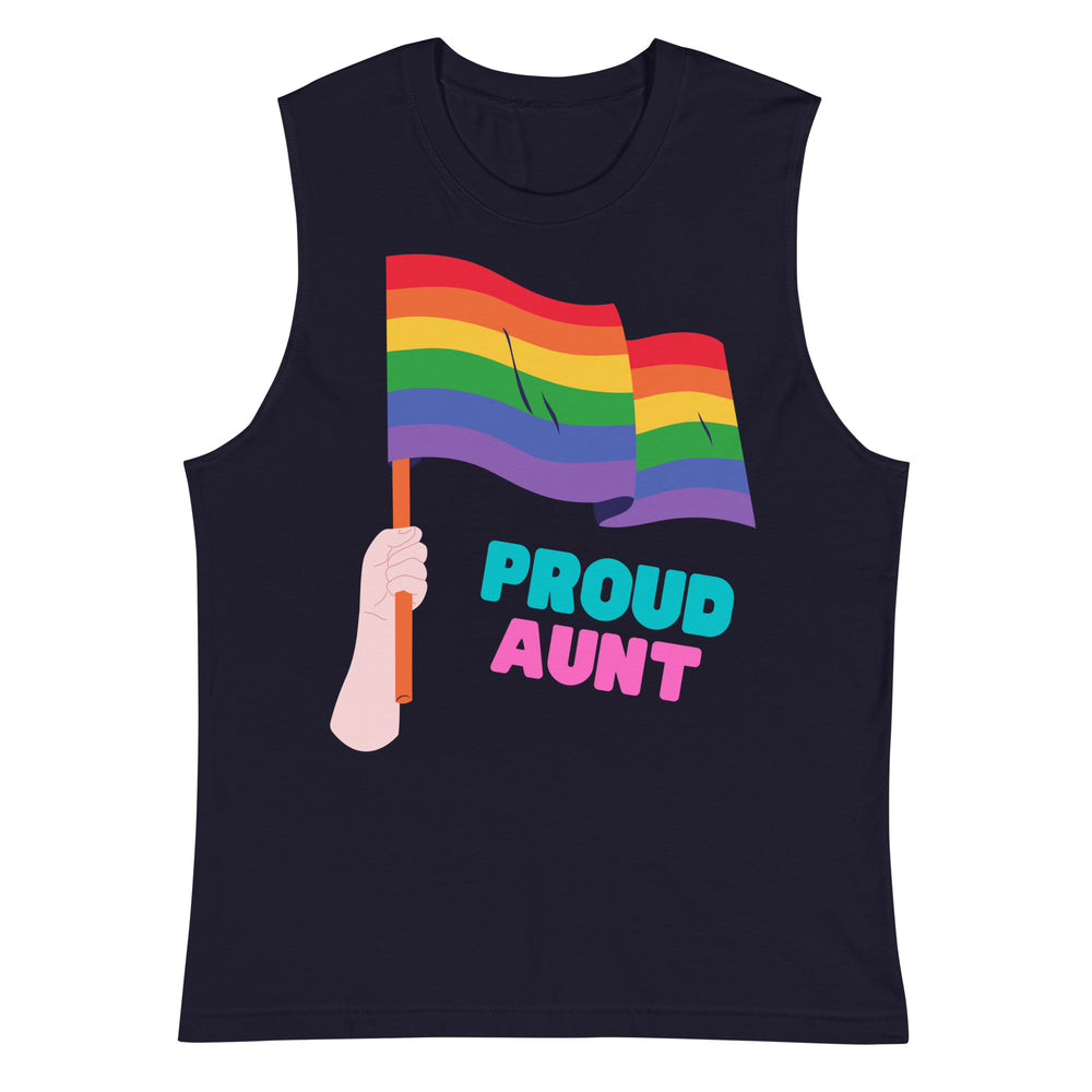 Front view of a dark navy muscle tank top with a rainbow flag graphic and “PROUD AUNT” text