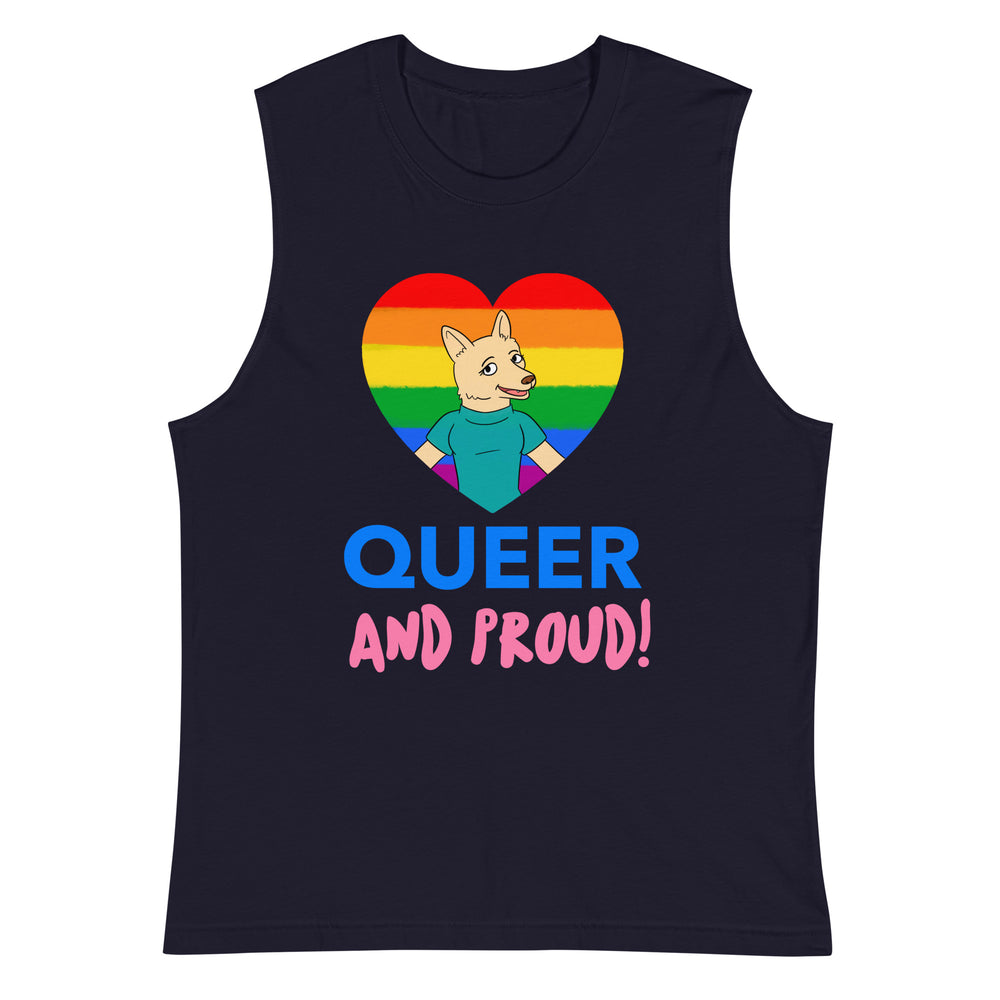 Front view of a navy muscle tank with a rainbow heart, cartoon canine, and “QUEER AND PROUD!”