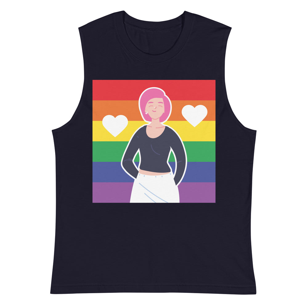 fan for gays: Queer "Love Is Love Is Love" muscle top on a drag queen with pink curls, rainbow fan