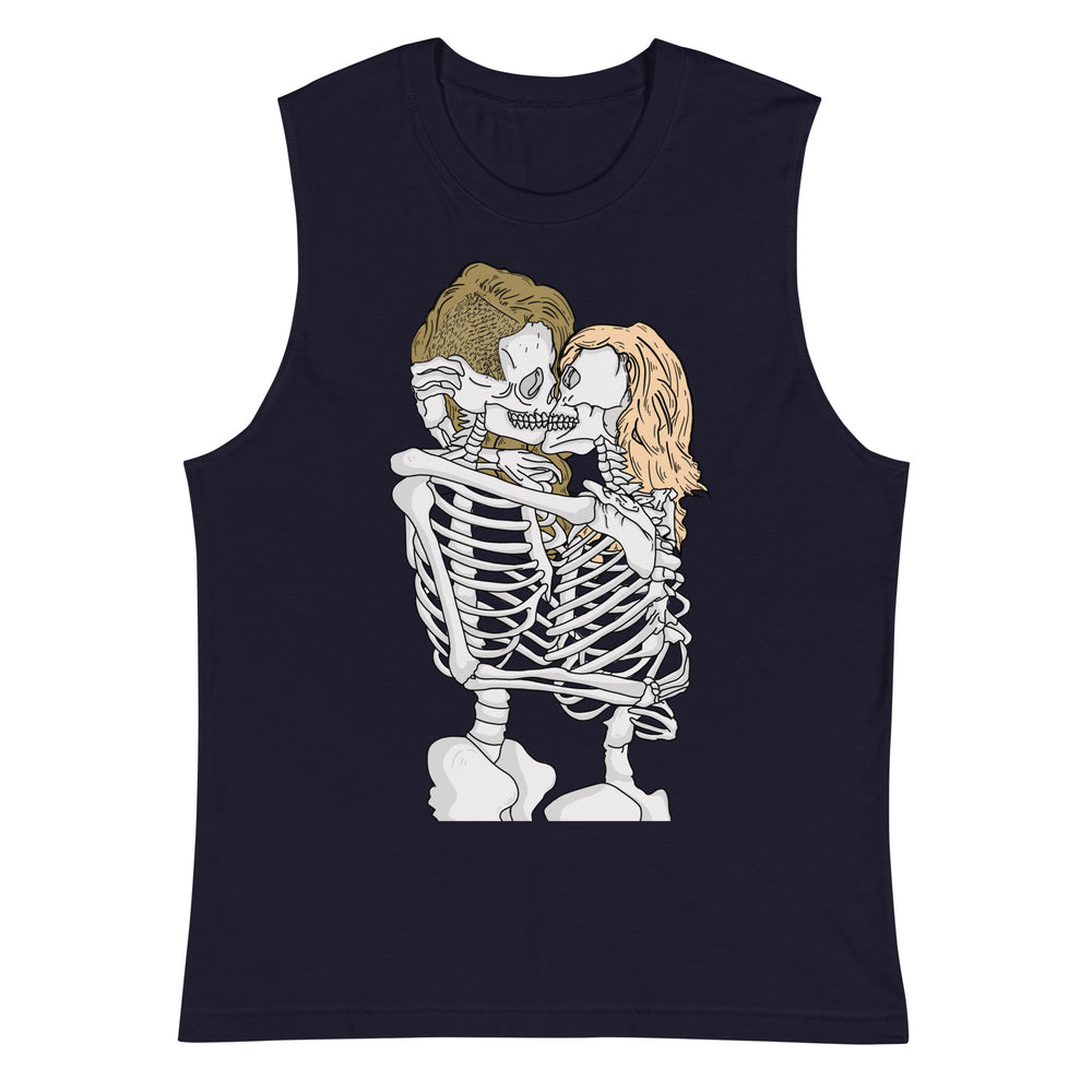 Navy Queer Skeletons Muscle Top with a kissing skeleton couple graphic, worn by a short-haired woman; paired with gray sweatpants.