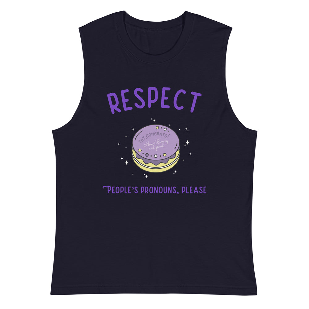 Flat-lay navy muscle tank top with purple pronoun message and celebratory cake graphic