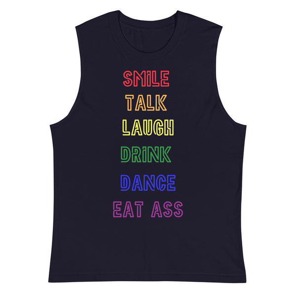 Navy Smile, Talk, Laugh, Drink, Dance, Eat Ass Muscle Top by Queer In The World Originals sold by Queer In The World: The Shop - LGBT Merch Fashion