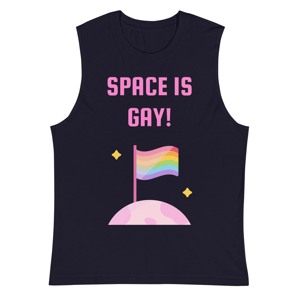 Front-view navy muscle tank top reading “SPACE IS GAY!” above a rainbow flag and pink planet