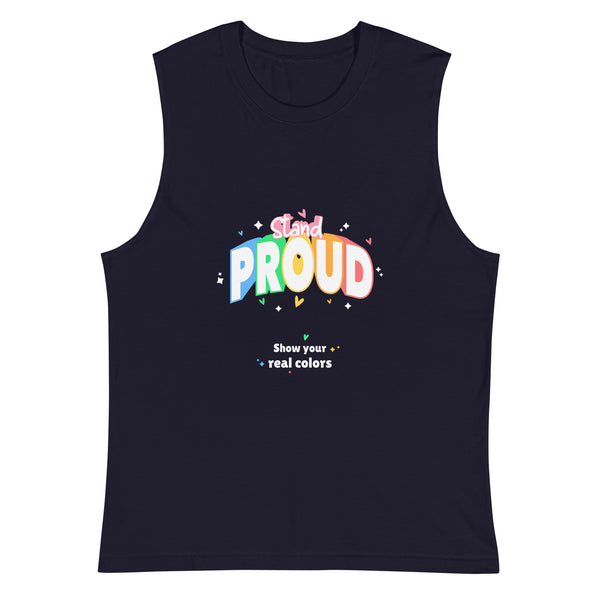 Navy Stand Proud Muscle Top by Queer In The World Originals sold by Queer In The World: The Shop - LGBT Merch Fashion