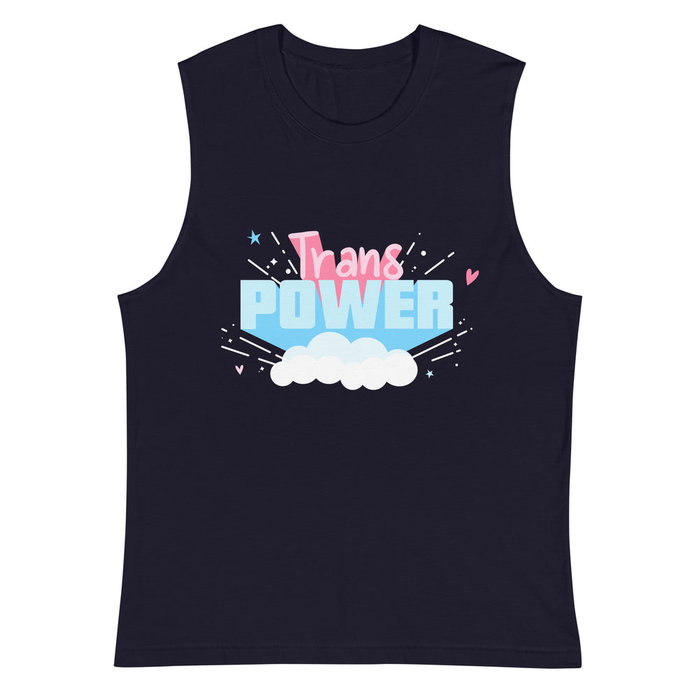 Front view of a dark navy muscle tank top reading “Trans POWER” above clouds