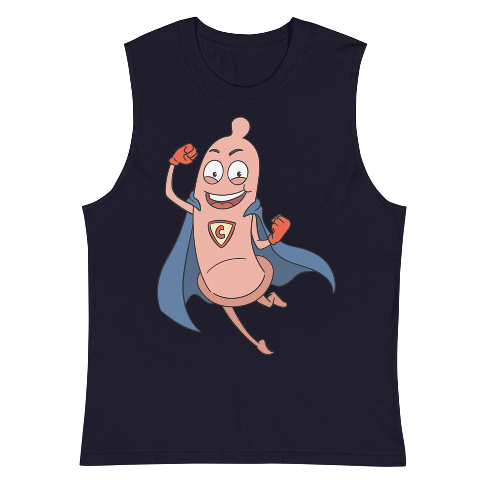 Front view of a navy muscle tank top with a flying cartoon condom superhero graphic