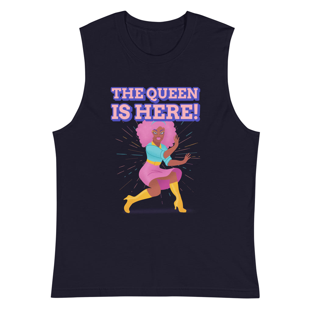 Navy The Queen Is Here Muscle Shirt by Printful sold by Queer In The World: The Shop - LGBT Merch Fashion