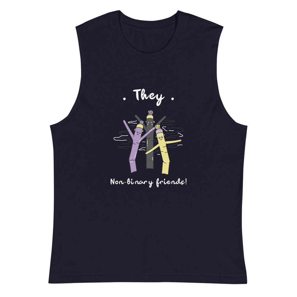 Front view of a navy sleeveless muscle top reading “They” and “Non-binary friends!”