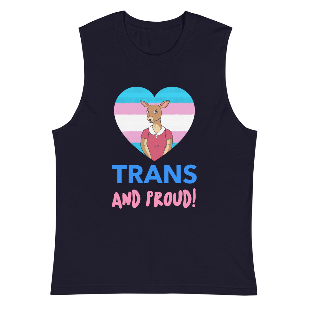 Front view of a navy muscle tank top reading “TRANS AND PROUD!” with a kangaroo heart graphic
