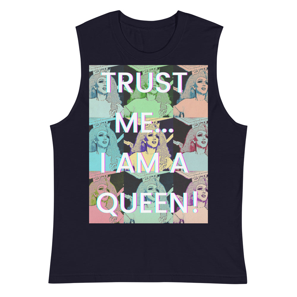 Front view of a navy muscle tank top reading “TRUST ME... I AM A QUEEN!”
