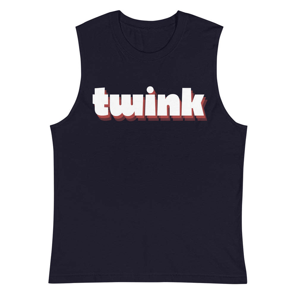 Front-facing navy muscle tank top with white and red-shadowed “twink” lettering