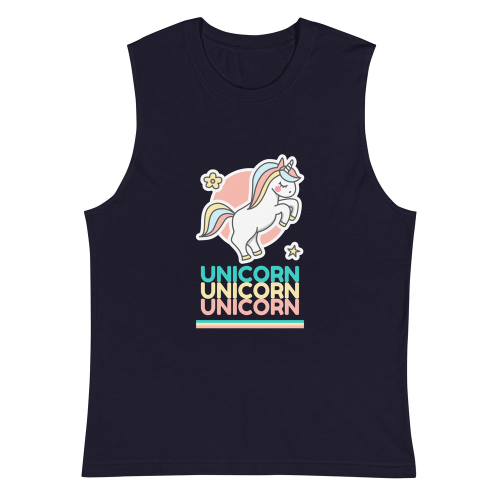 Front view of a navy muscle tank with a pastel unicorn and three “UNICORN” lines
