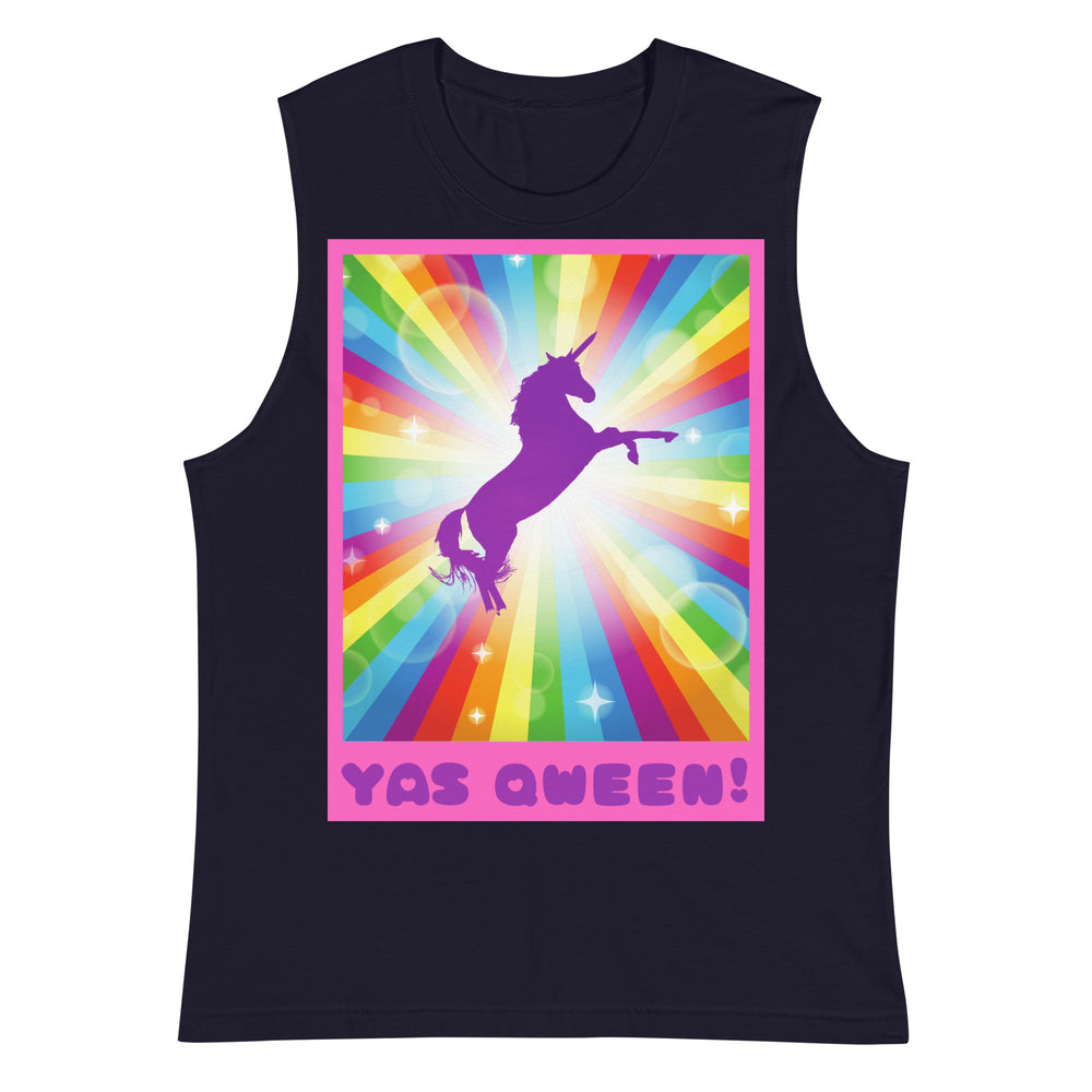 Front view of a dark navy muscle tank with a rainbow unicorn graphic and “YAS QWEEN!” text