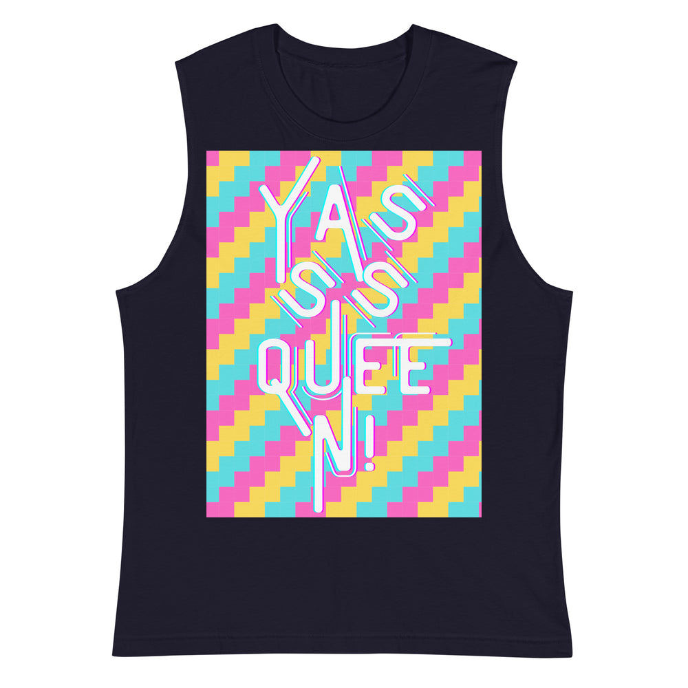 Front-facing navy muscle tank with a colorful pixel pattern and “Yasss Queen!” lettering