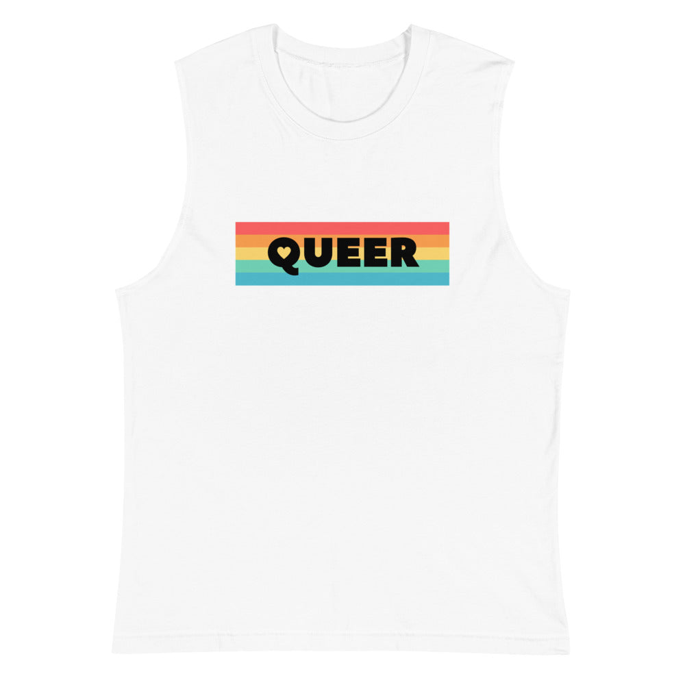 White muscle tank top with a rainbow-striped rectangle reading “QUEER”