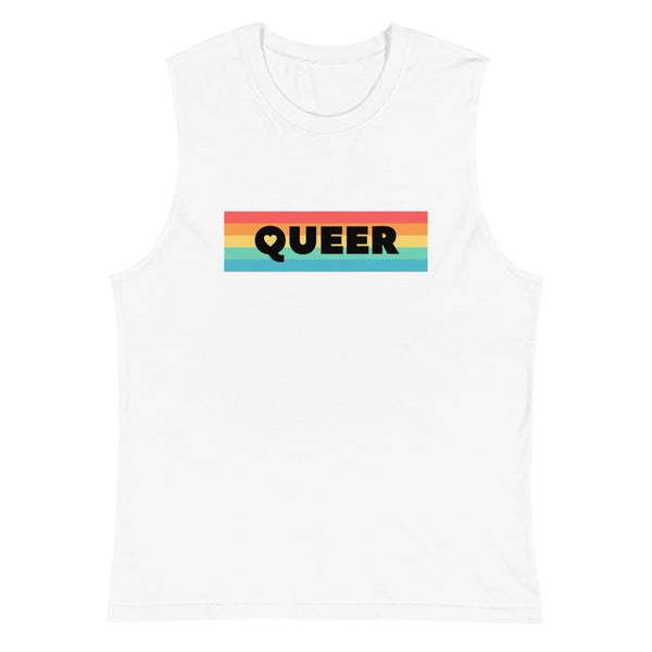 White muscle tank top with a rainbow-striped rectangle reading “QUEER”