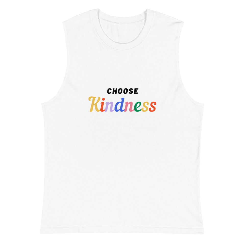 White muscle tank top with multicolored “CHOOSE Kindness” chest lettering
