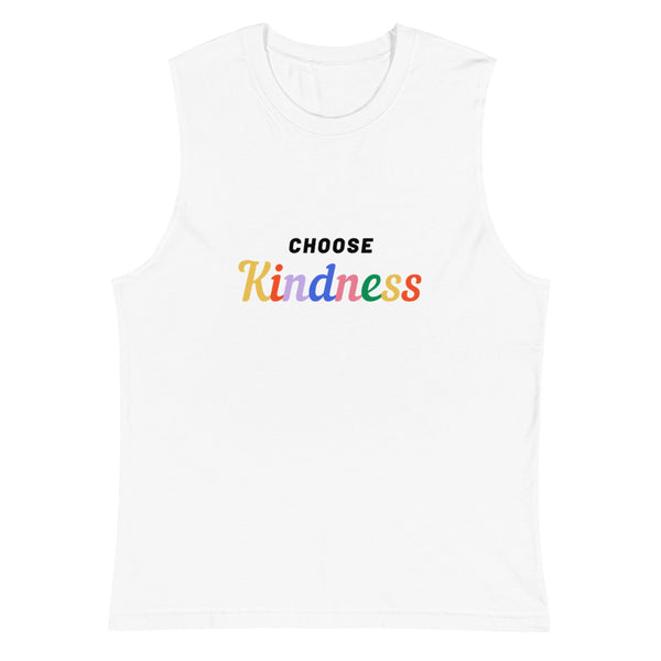 White muscle tank top with multicolored “CHOOSE Kindness” chest lettering