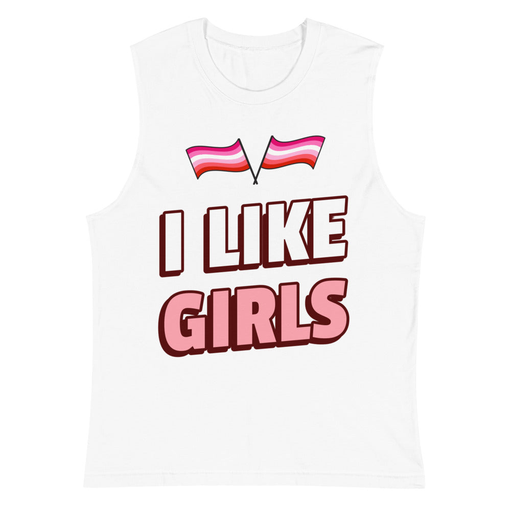 White muscle tank top with pink lesbian pride flags and “I LIKE GIRLS” text