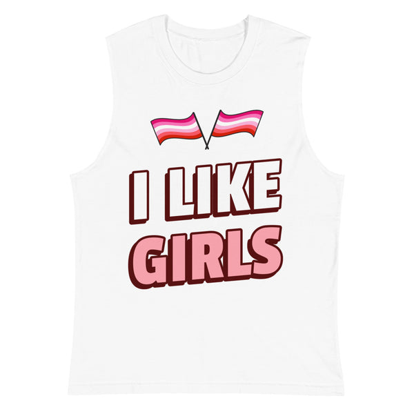 White muscle tank top with pink lesbian pride flags and “I LIKE GIRLS” text