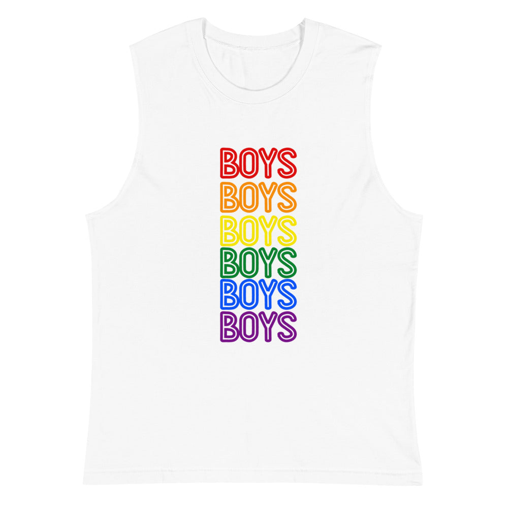 Front view of a white muscle tank top reading “BOYS” six times in rainbow colors
