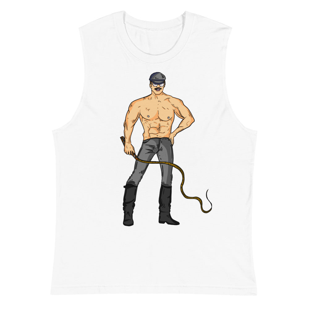 White muscle tank top with a cartoon muscular man in a cap, boots, and holding a whip