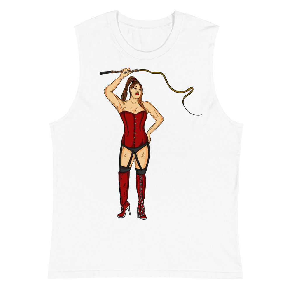 White sleeveless muscle tank featuring an illustrated dominatrix holding a whip