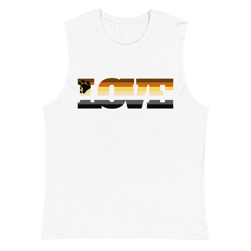 White muscle tank top; gay Pride tank top with “Gay Bear Love Muscle Top” design