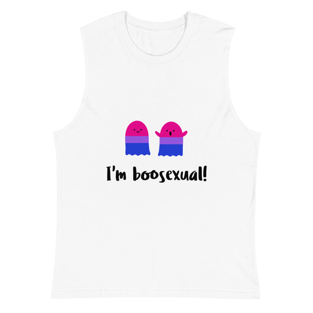 Front view of a white muscle tank top reading “I’m boosexual!” with two colorful ghosts