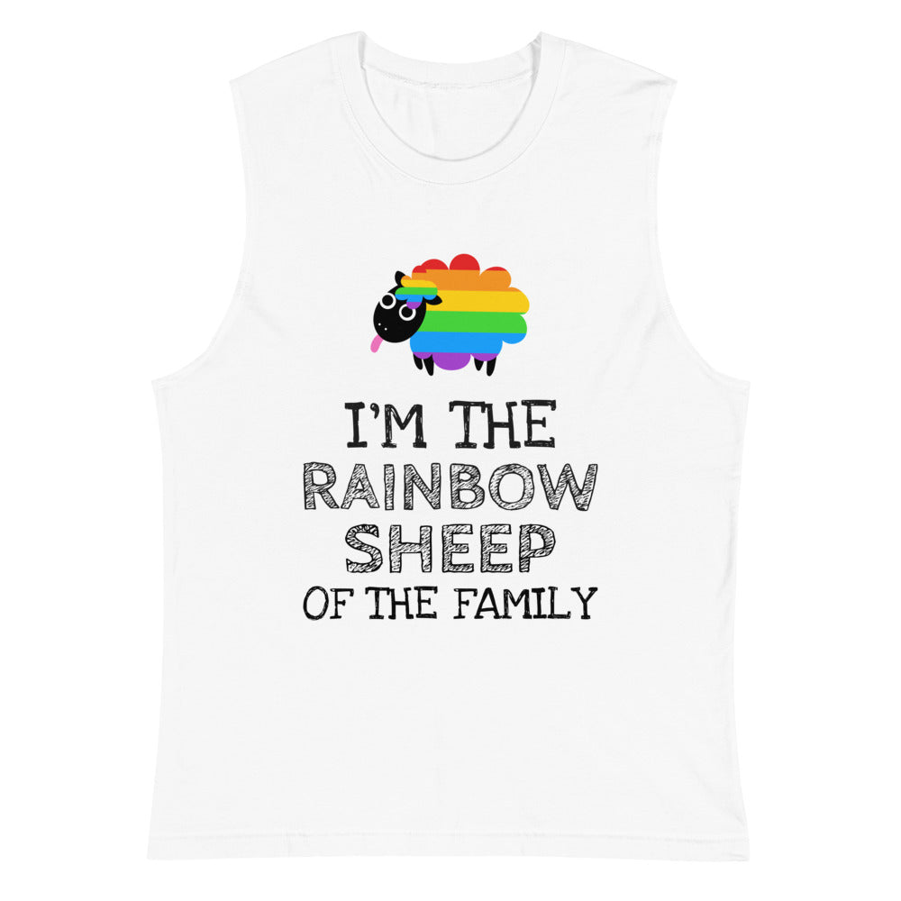 White sleeveless muscle tank with a rainbow sheep graphic and “I’M THE RAINBOW SHEEP OF THE FAMILY” text