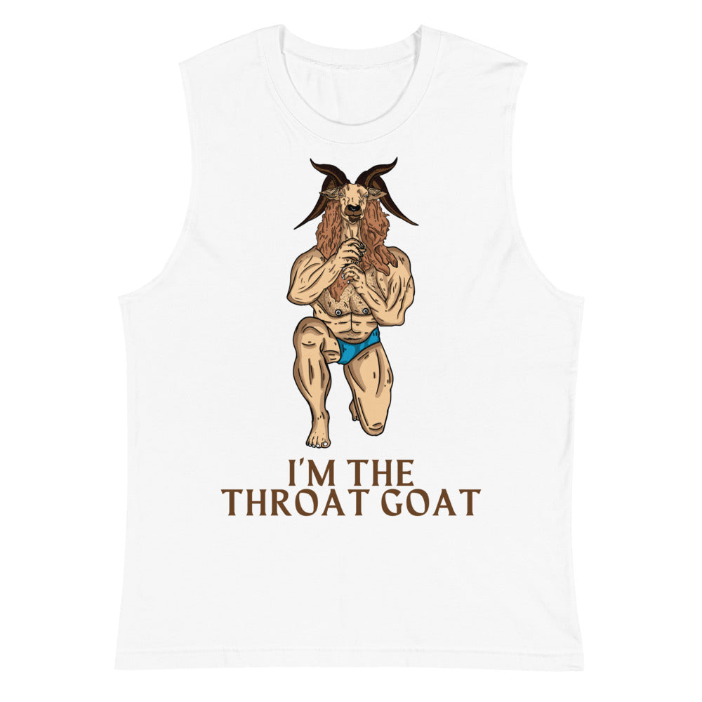 Front view of a white muscle tank with a goat-man graphic and “I’M THE THROAT GOAT” text