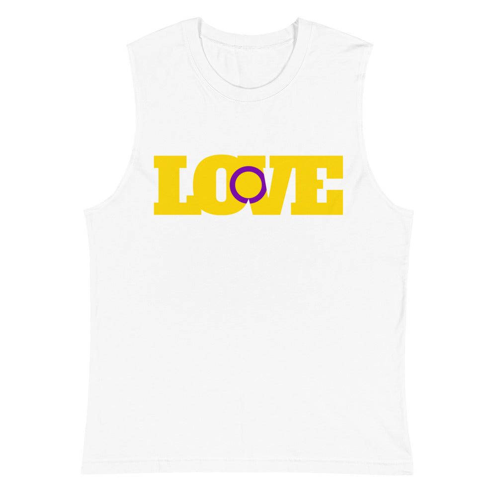 White sleeveless muscle top with yellow and purple LOVE graphic