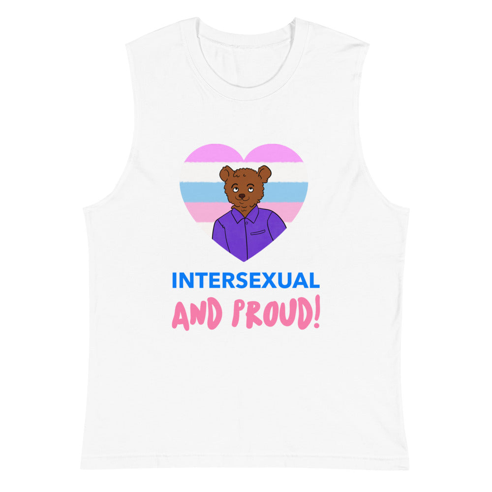White sleeveless muscle tank with a bear in a pride-flag heart and “INTERSEXUAL AND PROUD!” text