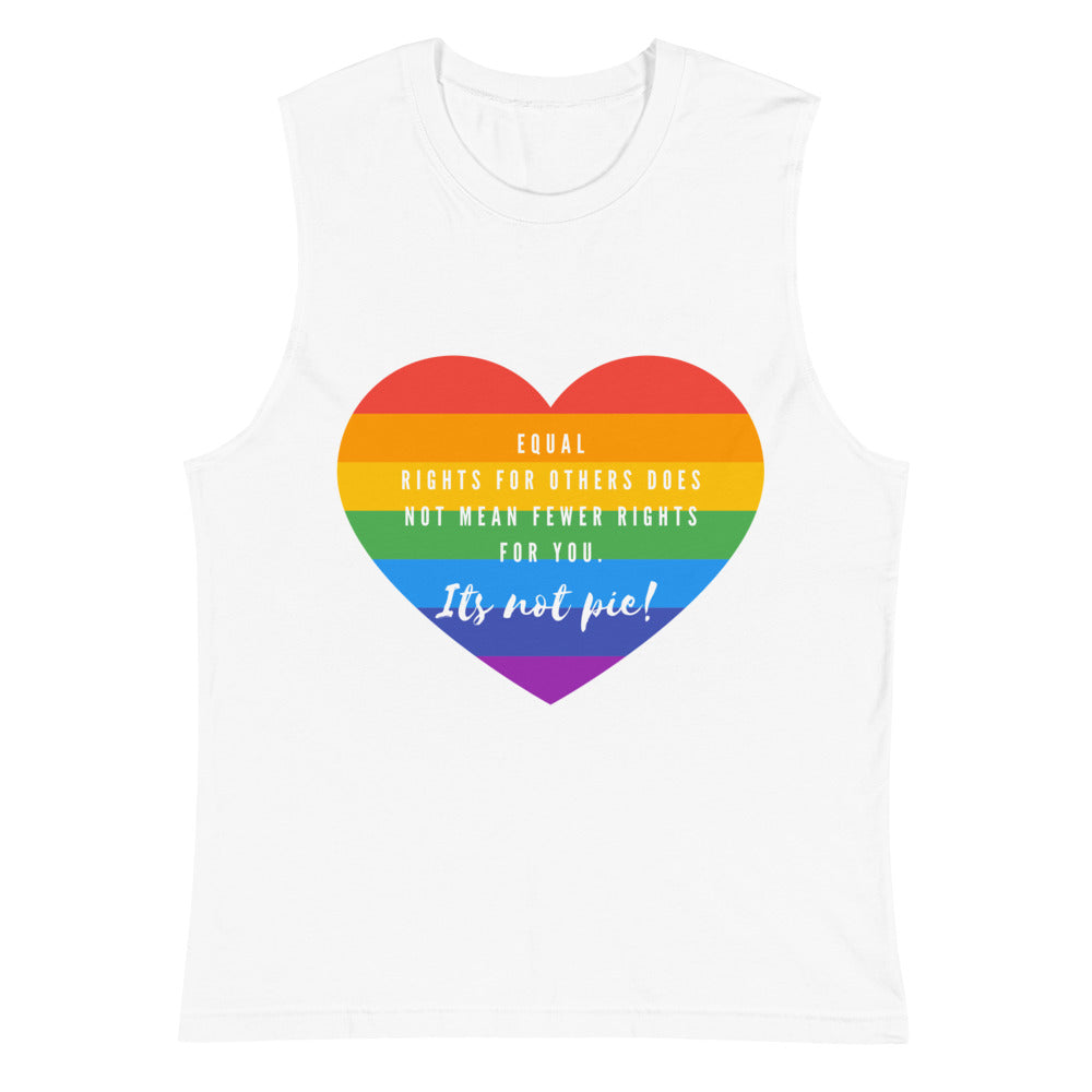 White muscle tank top with a rainbow heart reading “Equal rights for others does not mean fewer rights for you. It’s not p...