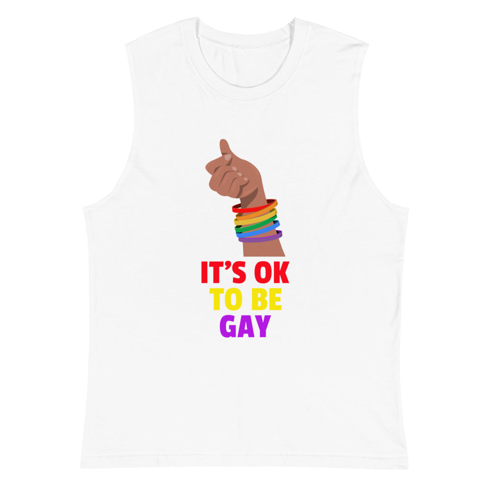 White sleeveless muscle tank with a raised fist, rainbow bands, and “IT’S OK TO BE GAY” text